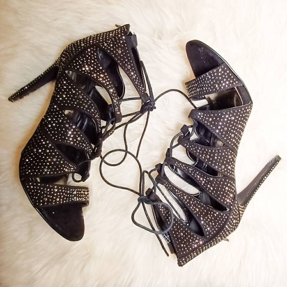 Madden Girl Sz 8 Black Stiletto Heels Rhinestones Gladiator Straps Lace Dacey